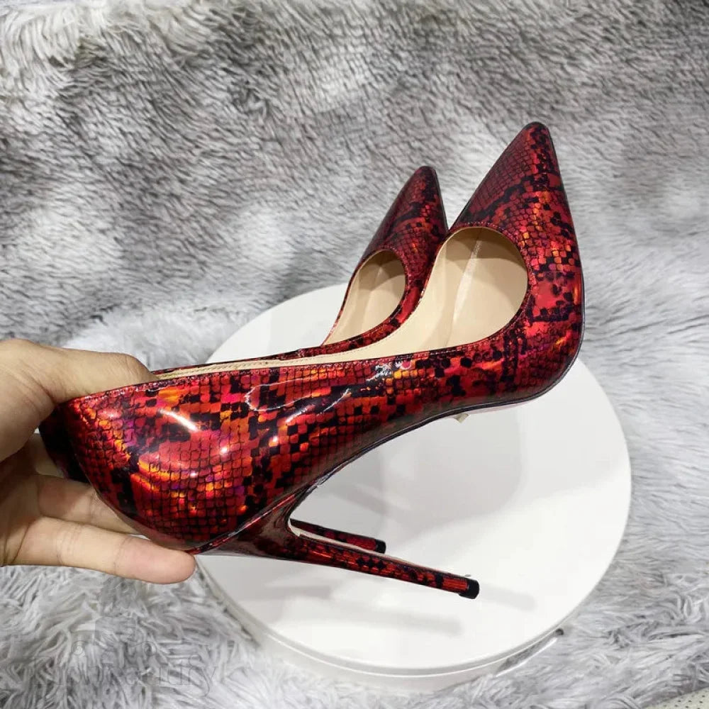 Red Snakeskin Print Women Sexy Pointy Toe High Heel Shoes