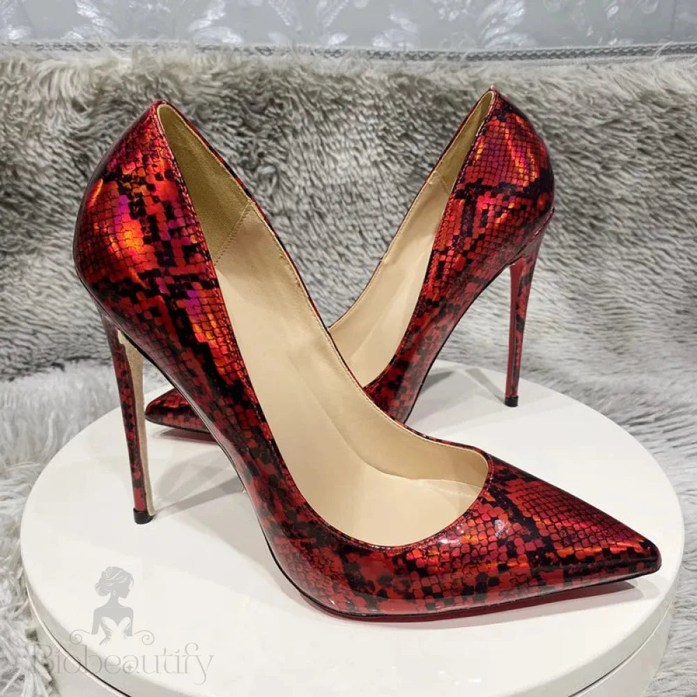 Red Snakeskin Print Women Sexy Pointy Toe High Heel Shoes