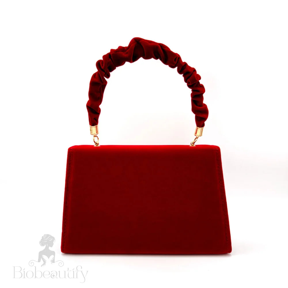 Red Vintage Faux Suede Clutch Bag With Foldover Flower Trim And Ruched Handle