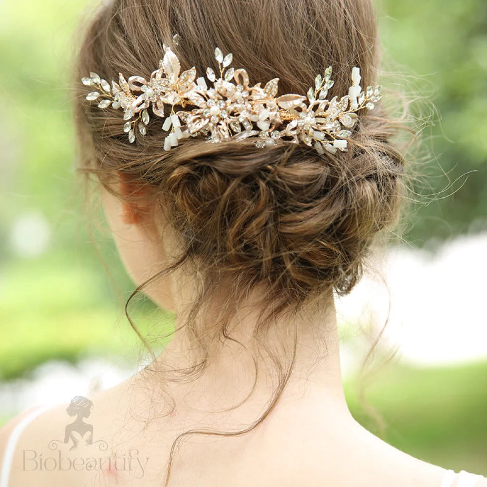 Regina Wedding Hair Clip With Austrian Crystals And Pearl Beads In Gold