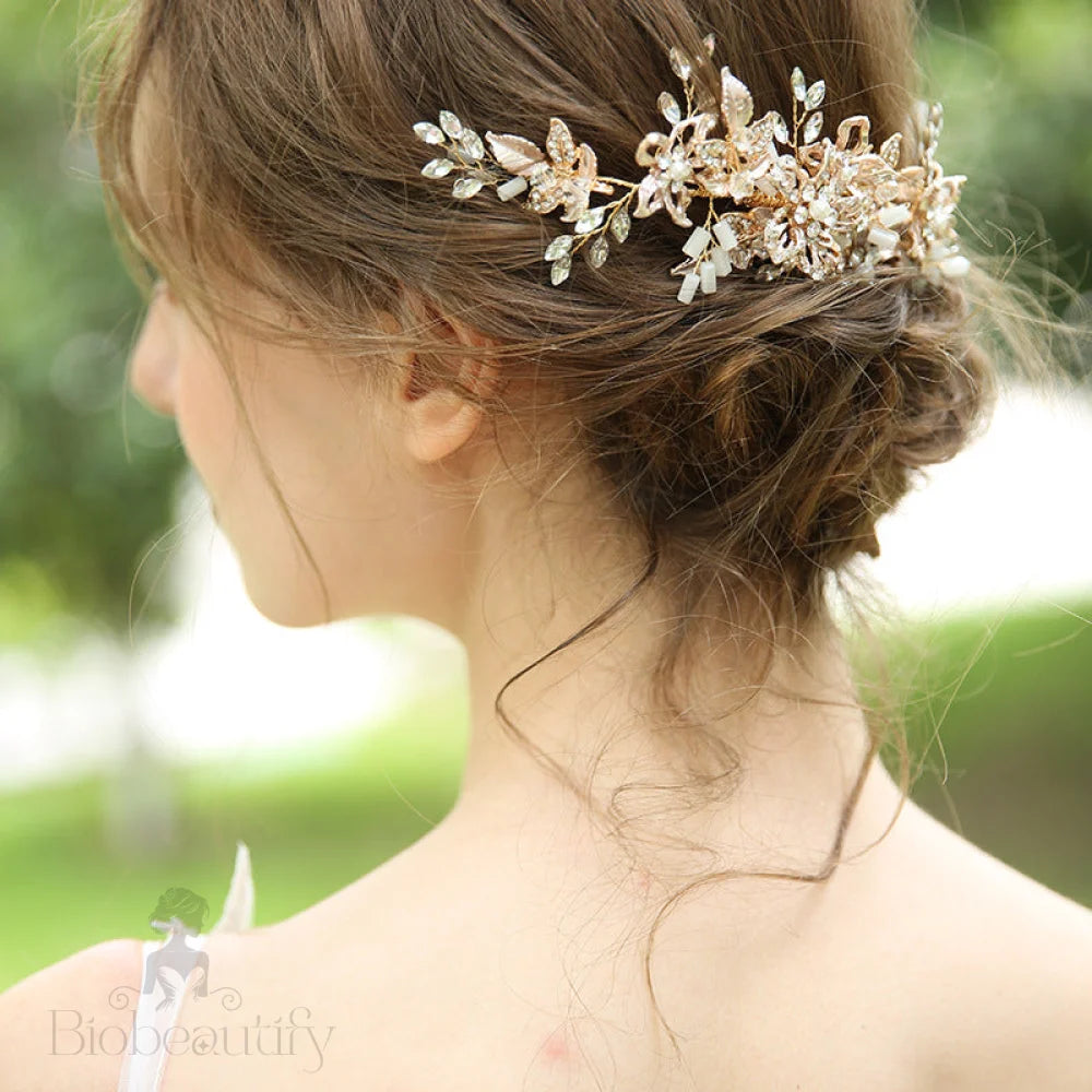 Regina Wedding Hair Clip With Austrian Crystals And Pearl Beads In Gold