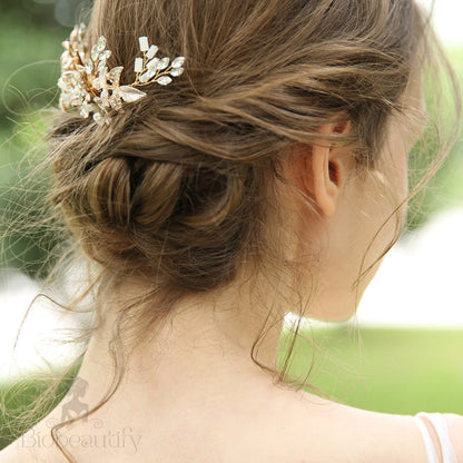 Regina Wedding Hair Clip With Austrian Crystals And Pearl Beads In Gold