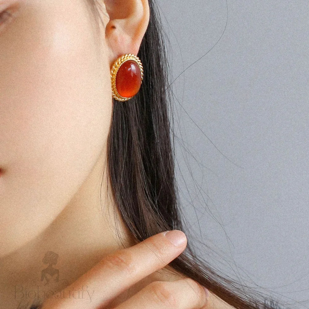 Retro 18K Gold Plated Red Onyx Silver Twist Stud Earrings