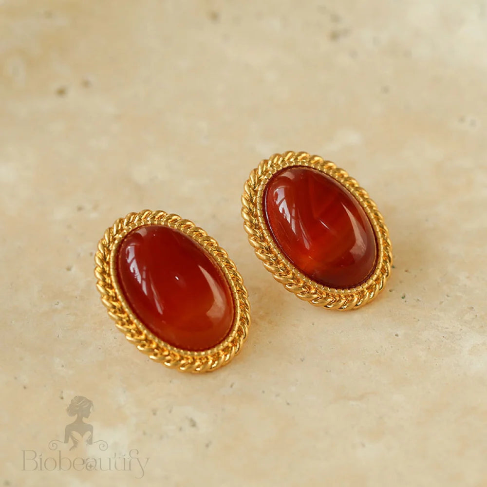 Retro 18K Gold Plated Red Onyx Silver Twist Stud Earrings