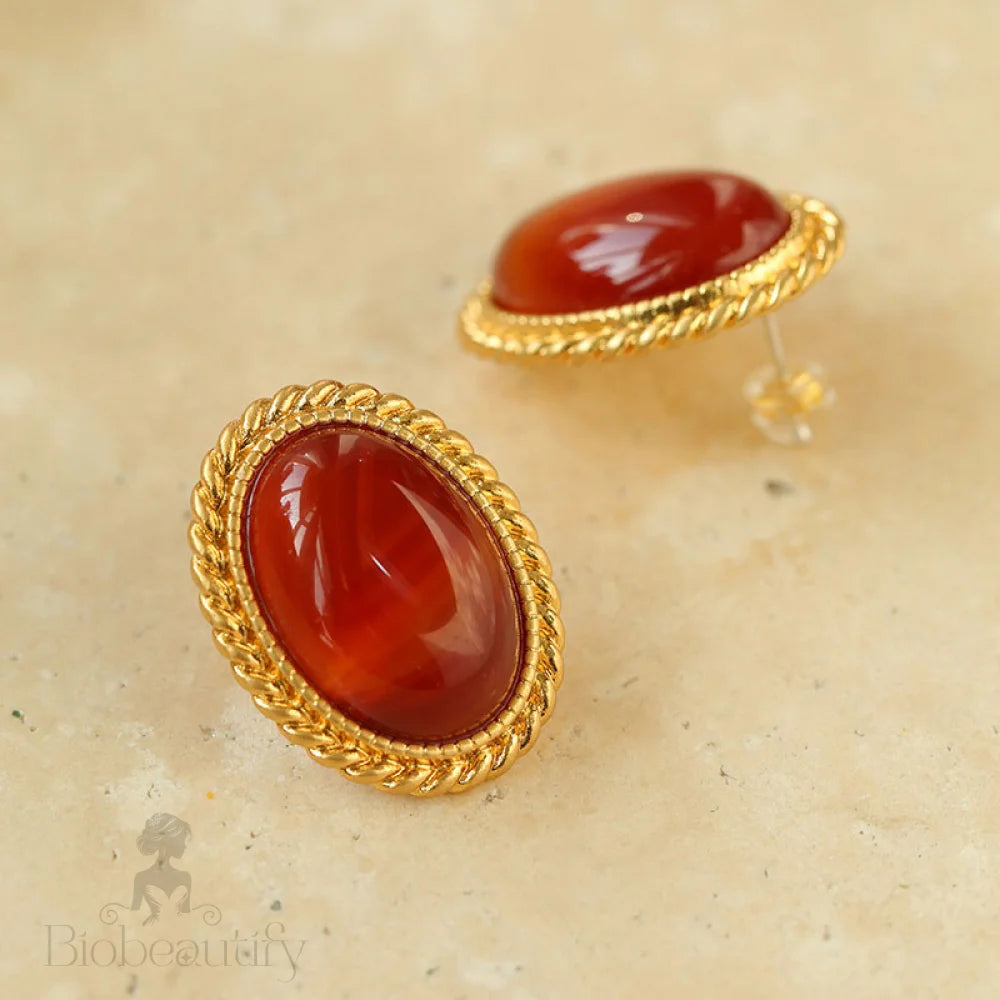 Retro 18K Gold Plated Red Onyx Silver Twist Stud Earrings