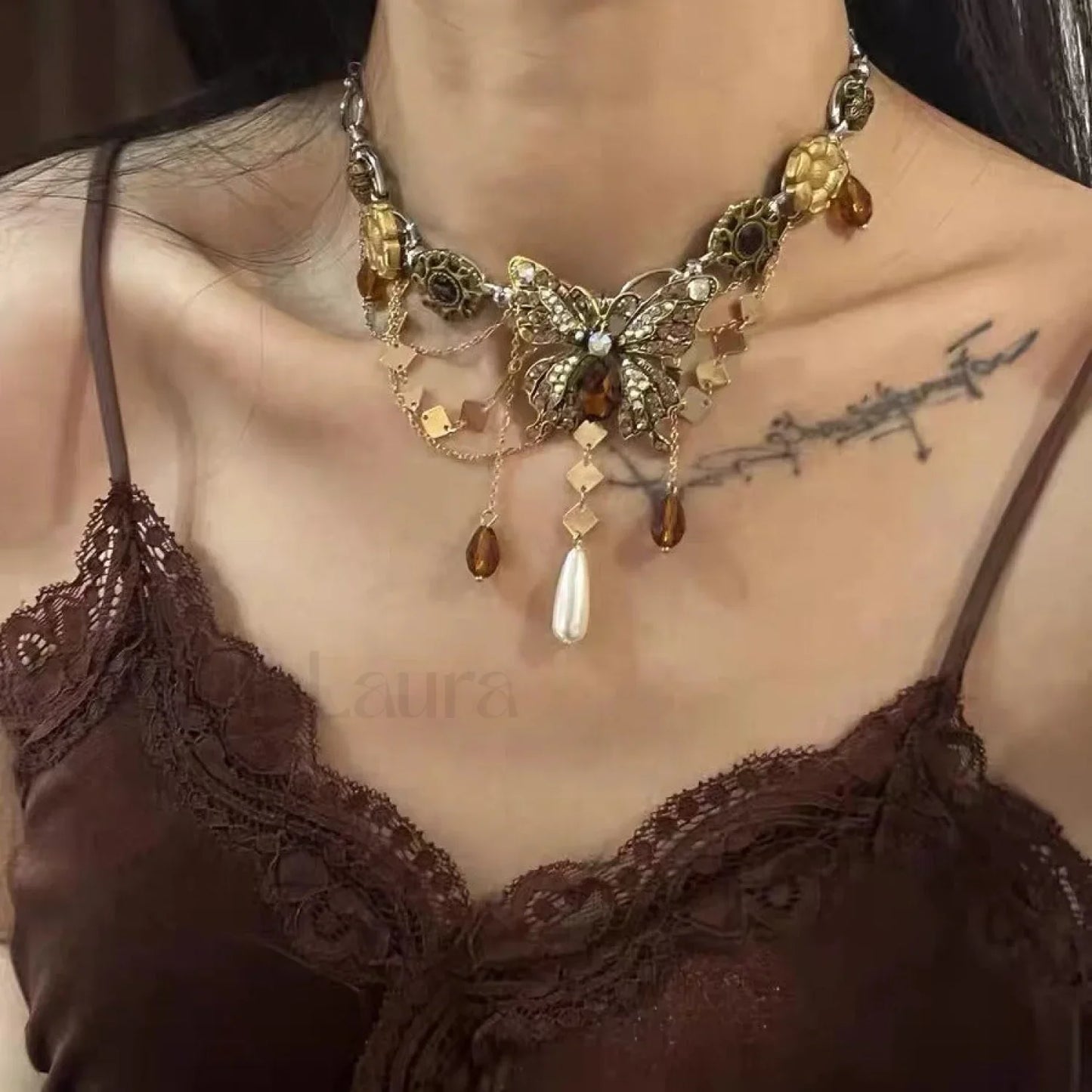 Retro Bling Butterfly Pendant Necklace GOLD
