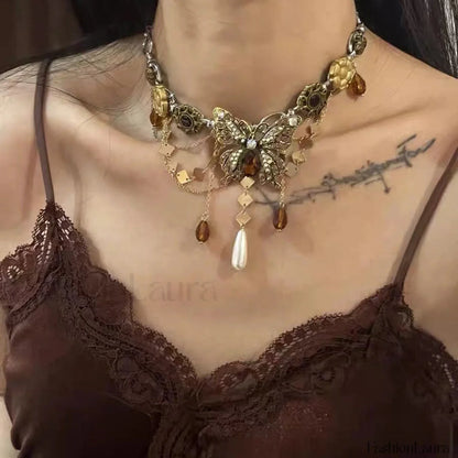 Retro Bling Butterfly Pendant Necklace GOLD