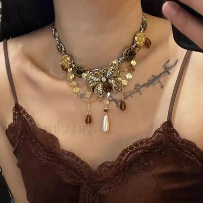 Retro Bling Butterfly Pendant Necklace GOLD