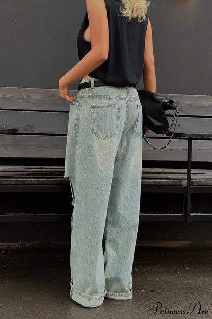 Retro Distressed Wide Leg Straight Floor Length Jeans