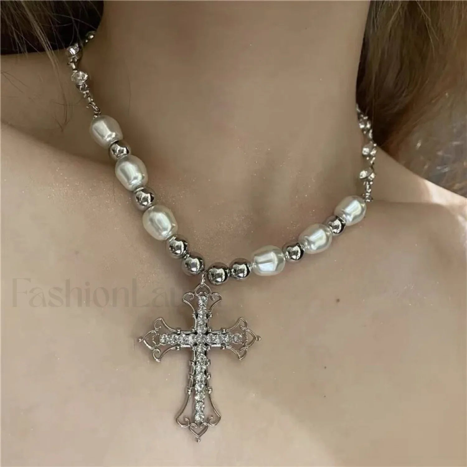 Retro Pearl Punk Dark Gothic Cross Pendant Necklace SILVER