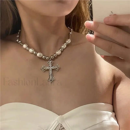 Retro Pearl Punk Dark Gothic Cross Pendant Necklace SILVER