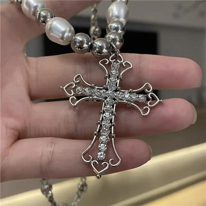 Retro Pearl Punk Dark Gothic Cross Pendant Necklace SILVER