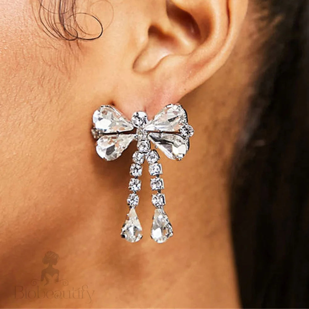 Rhinestone Bow Drop Earrings In Silver