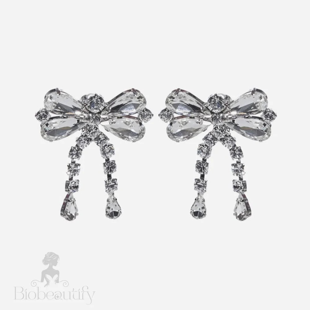 Rhinestone Bow Drop Earrings In Silver One Size /