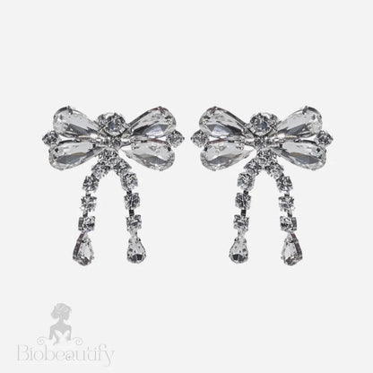 Rhinestone Bow Drop Earrings In Silver One Size /