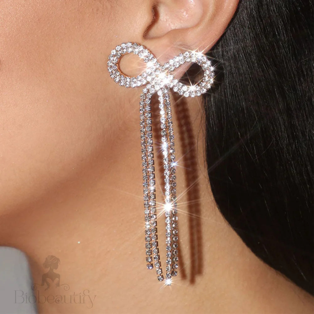 Rhinestone Bow Fringe Long Drop Earrings Silver