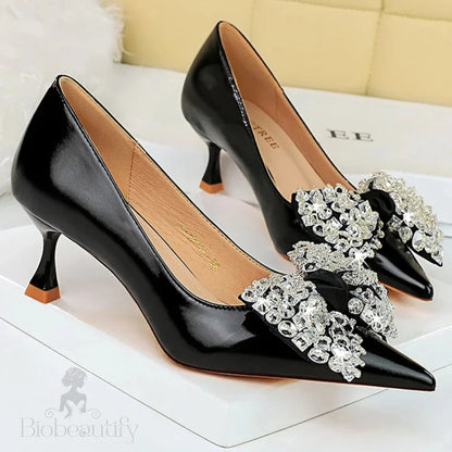 Rhinestone Bowknot Kitten Heels Luxury Party Shoes For Women