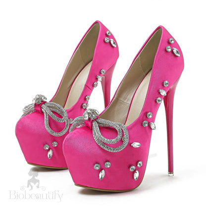 Rhinestone Butterfly-Knot Platform Pumps Stiletto Heels For Women