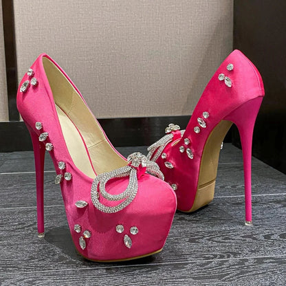 Rhinestone Butterfly-Knot Platform Pumps Stiletto Heels For Women