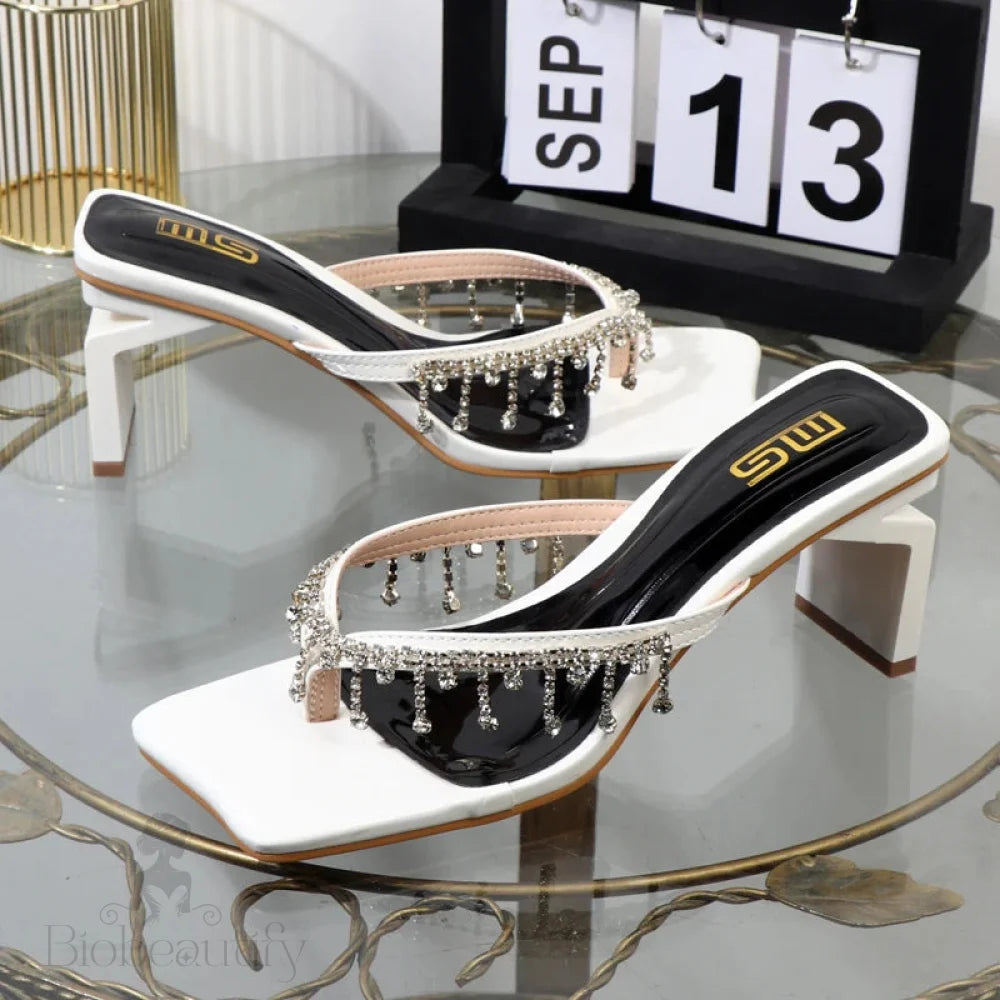 Rhinestone Chain Clip Toe Sandals With Thick Sole