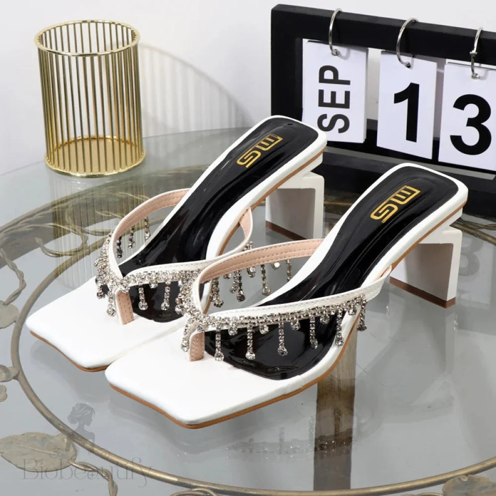 Rhinestone Chain Clip Toe Sandals With Thick Sole