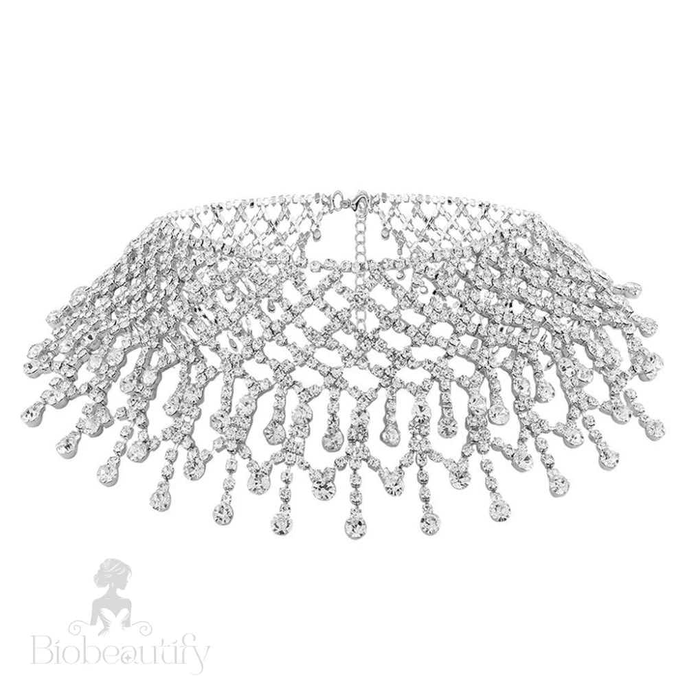 Rhinestone Chain Fringe Choker Necklace - Silver