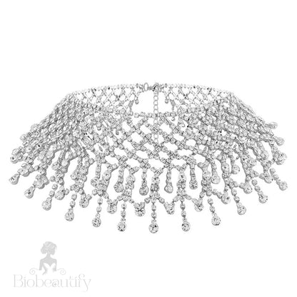 Rhinestone Chain Fringe Choker Necklace - Silver