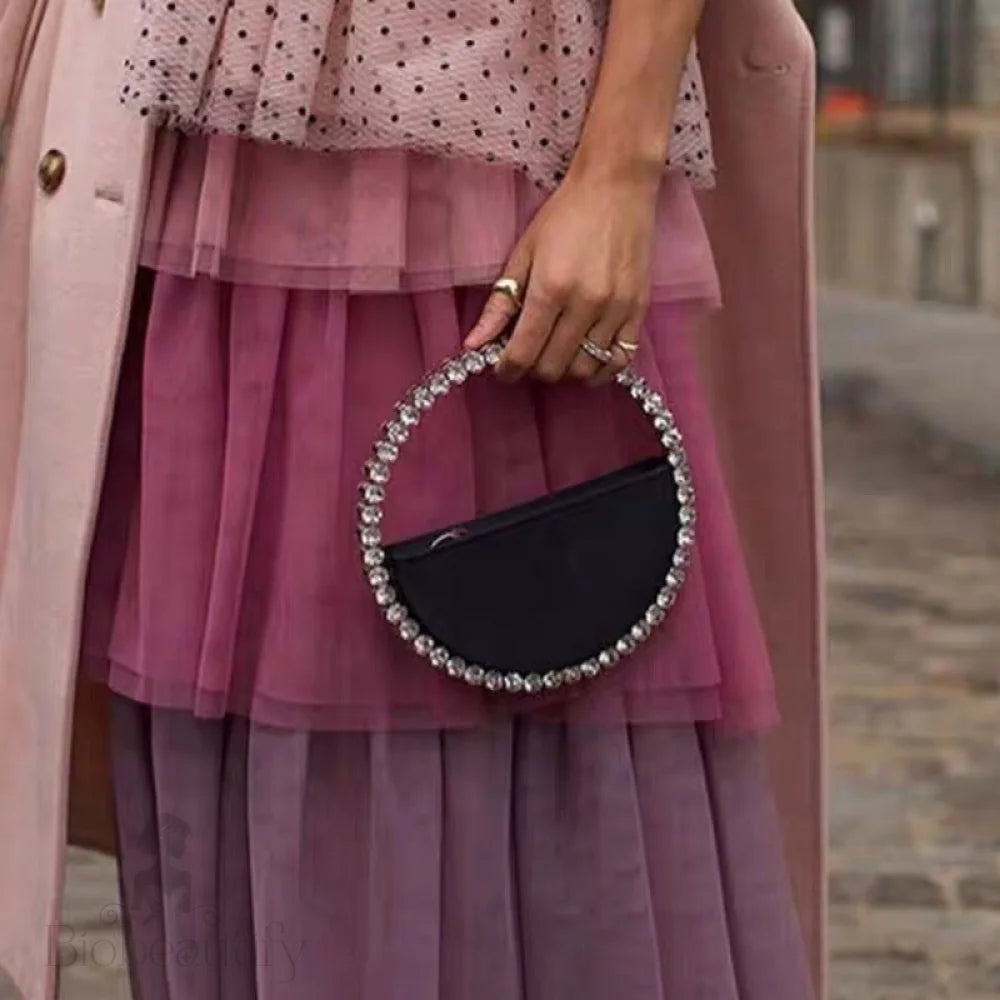 Rhinestone Circular Satin Clutch Bag In Black