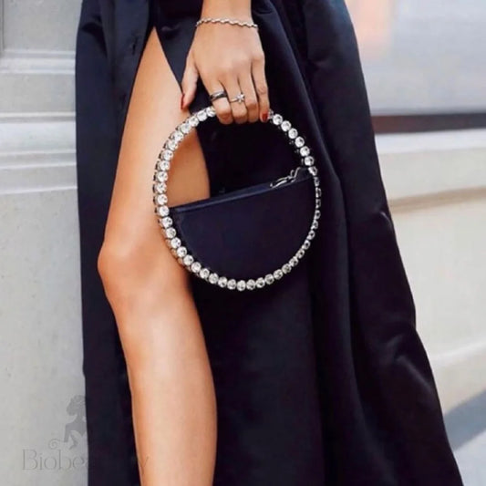 Rhinestone Circular Satin Clutch Bag In Black One Size /