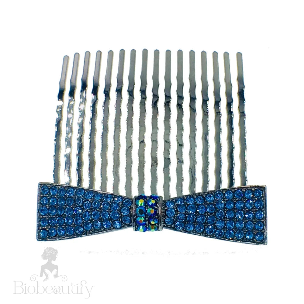 Rhinestone Crystal Bow Hair Comb With Metallic Black Base Blue