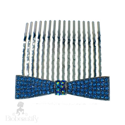 Rhinestone Crystal Bow Hair Comb With Metallic Black Base Blue