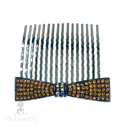 Rhinestone Crystal Bow Hair Comb With Metallic Black Base Brown