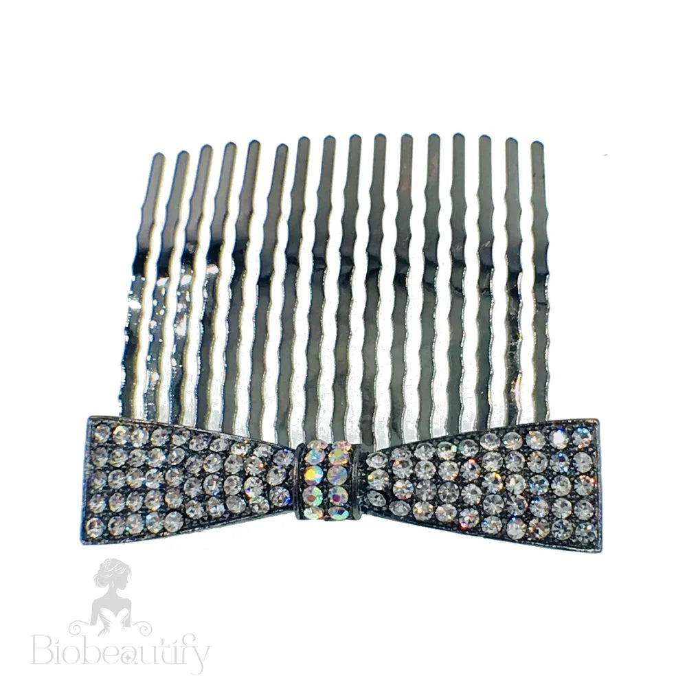 Rhinestone Crystal Bow Hair Comb With Metallic Black Base Clear