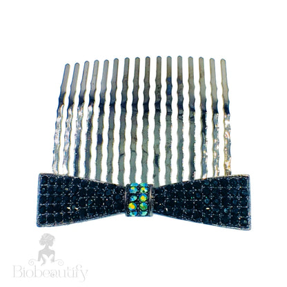 Rhinestone Crystal Bow Hair Comb With Metallic Black Base Dark Green