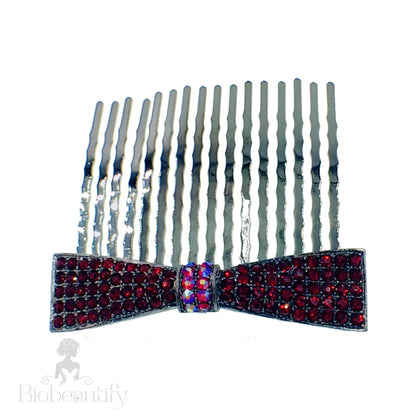 Rhinestone Crystal Bow Hair Comb With Metallic Black Base Dark Red