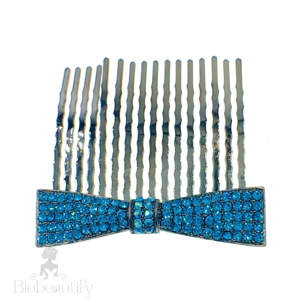 Rhinestone Crystal Bow Hair Comb With Metallic Black Base Deep Sky Blue