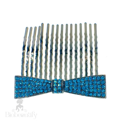 Rhinestone Crystal Bow Hair Comb With Metallic Black Base Deep Sky Blue