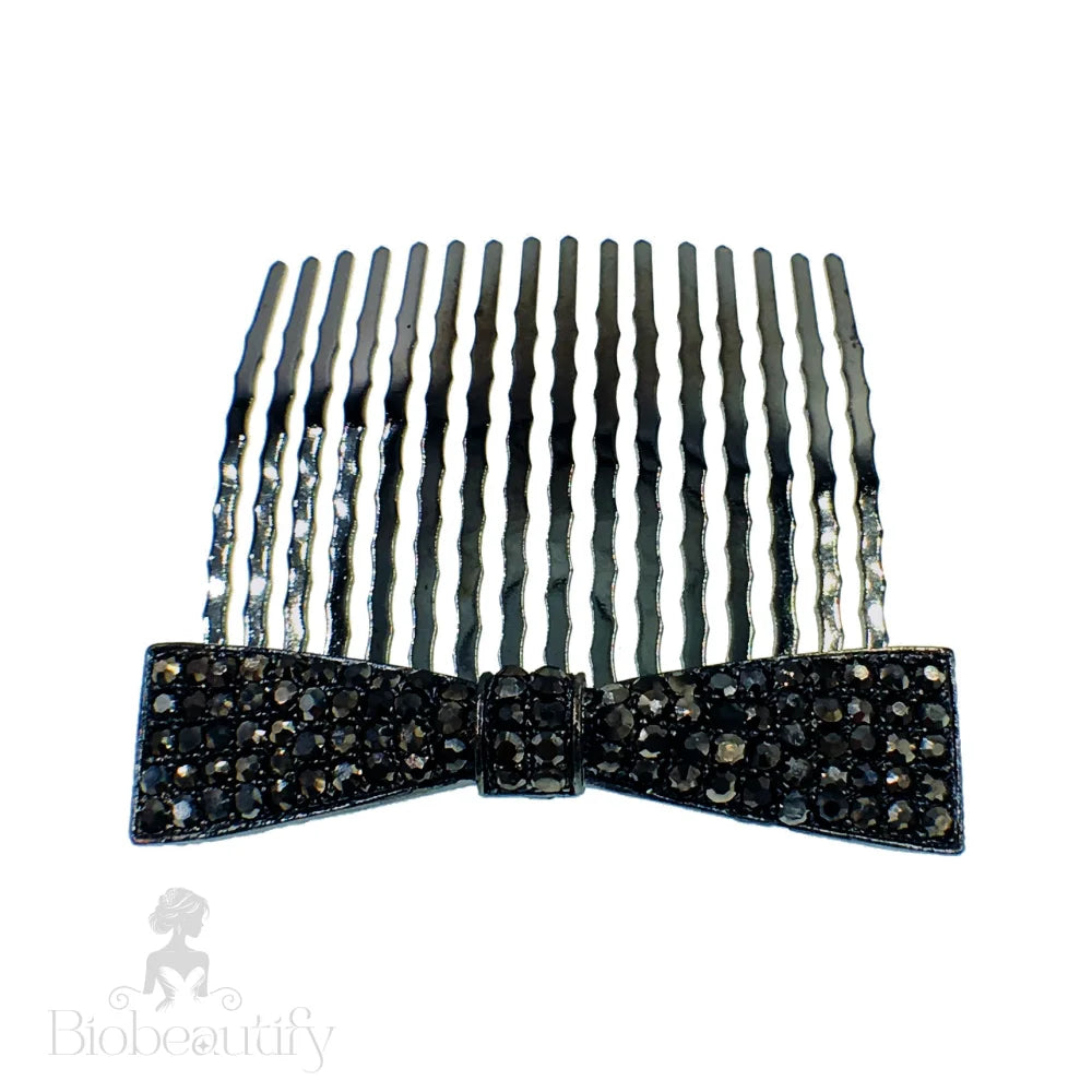 Rhinestone Crystal Bow Hair Comb With Metallic Black Base Gray