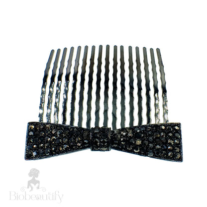 Rhinestone Crystal Bow Hair Comb With Metallic Black Base Gray