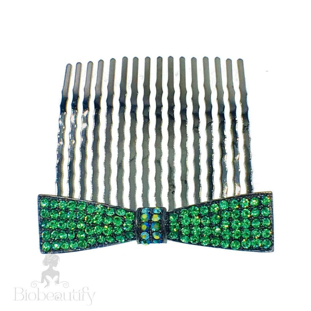 Rhinestone Crystal Bow Hair Comb With Metallic Black Base Green