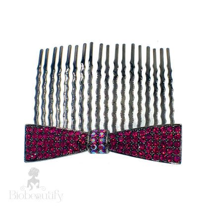 Rhinestone Crystal Bow Hair Comb With Metallic Black Base Magenta