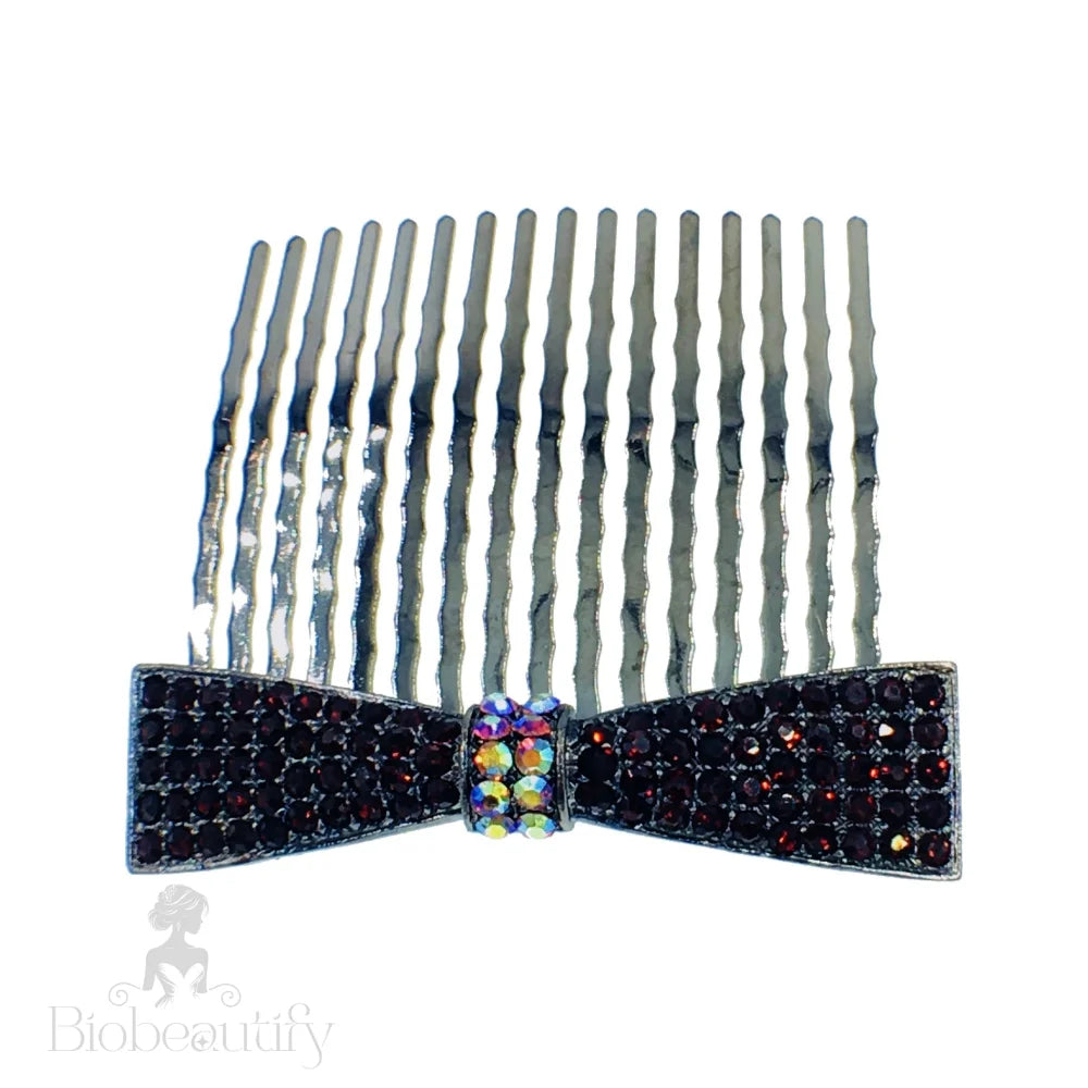 Rhinestone Crystal Bow Hair Comb With Metallic Black Base Navy