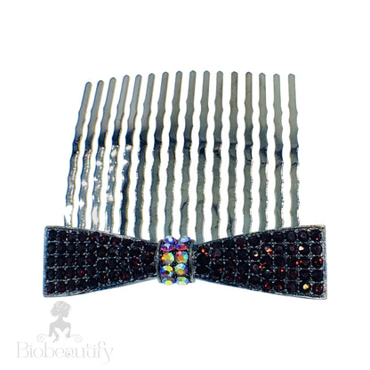 Rhinestone Crystal Bow Hair Comb With Metallic Black Base Navy