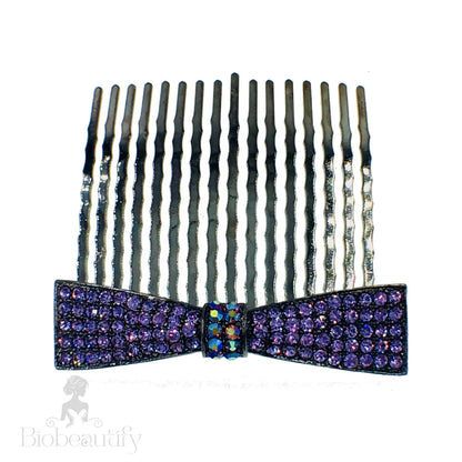 Rhinestone Crystal Bow Hair Comb With Metallic Black Base Purple