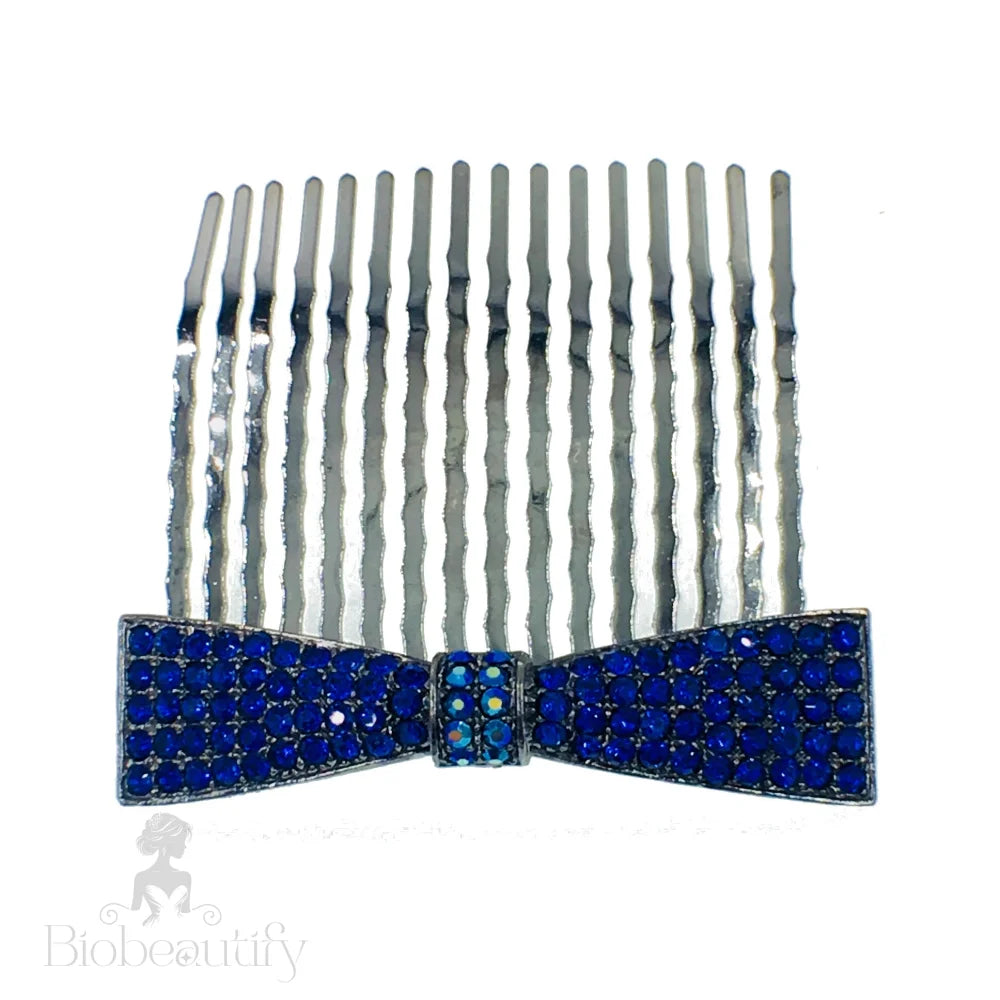 Rhinestone Crystal Bow Hair Comb With Metallic Black Base Royal Blue