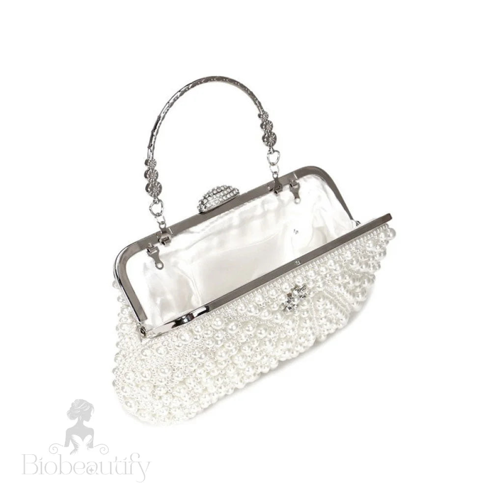 Rhinestone Decorated Top Handle Pearl Clutch Bag In Beige