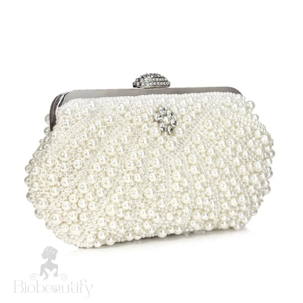 Rhinestone Decorated Top Handle Pearl Clutch Bag In Beige