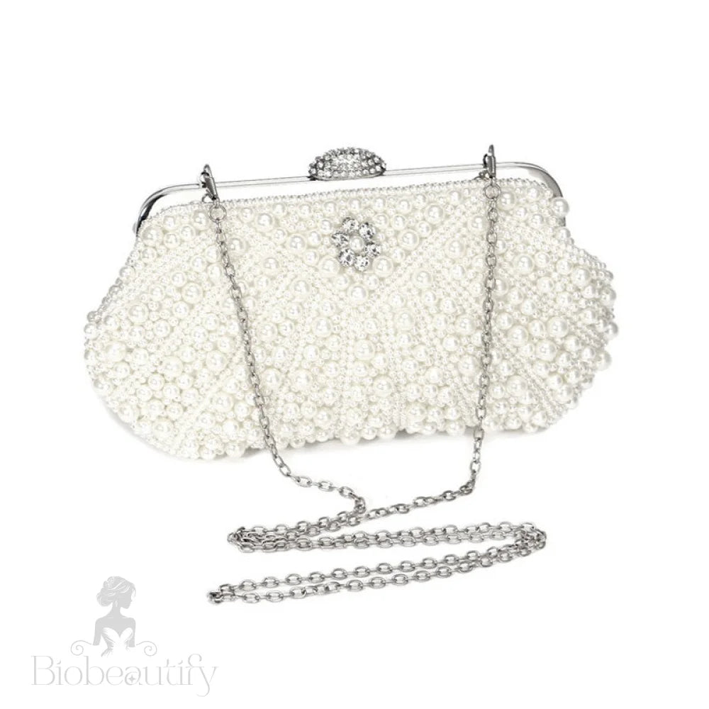 Rhinestone Decorated Top Handle Pearl Clutch Bag In Beige