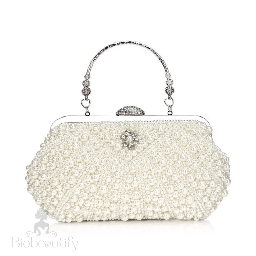 Rhinestone Decorated Top Handle Pearl Clutch Bag In Beige One Size /