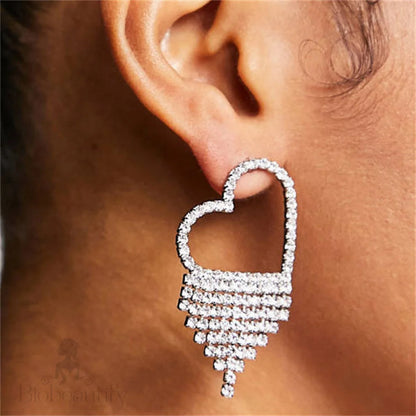 Rhinestone Fringe Heart Dangle Earrings Silver